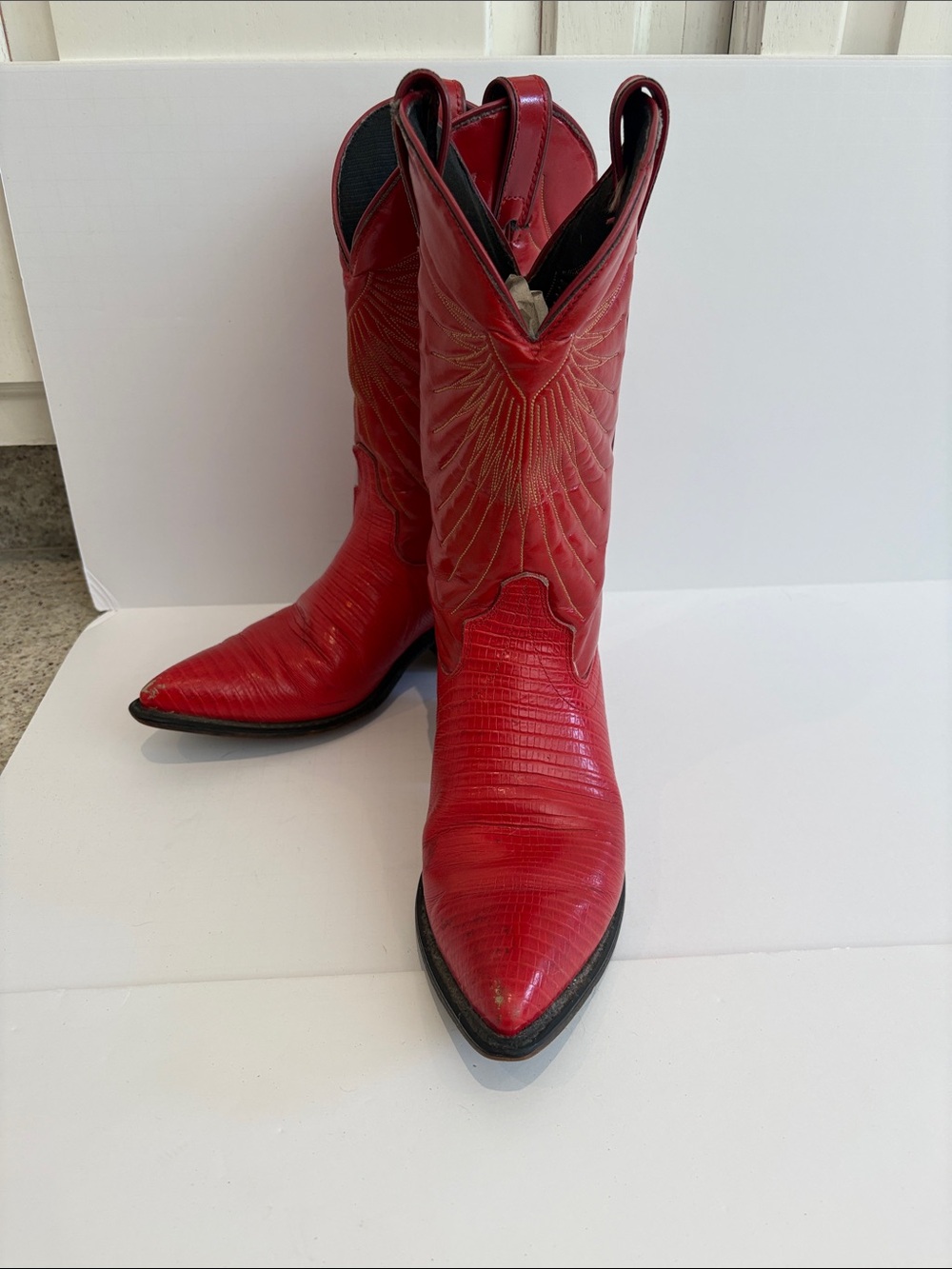 Red Western Cowboy Boots - Women's Stylish Pointed Toe, Lizard and Leather, 6.5